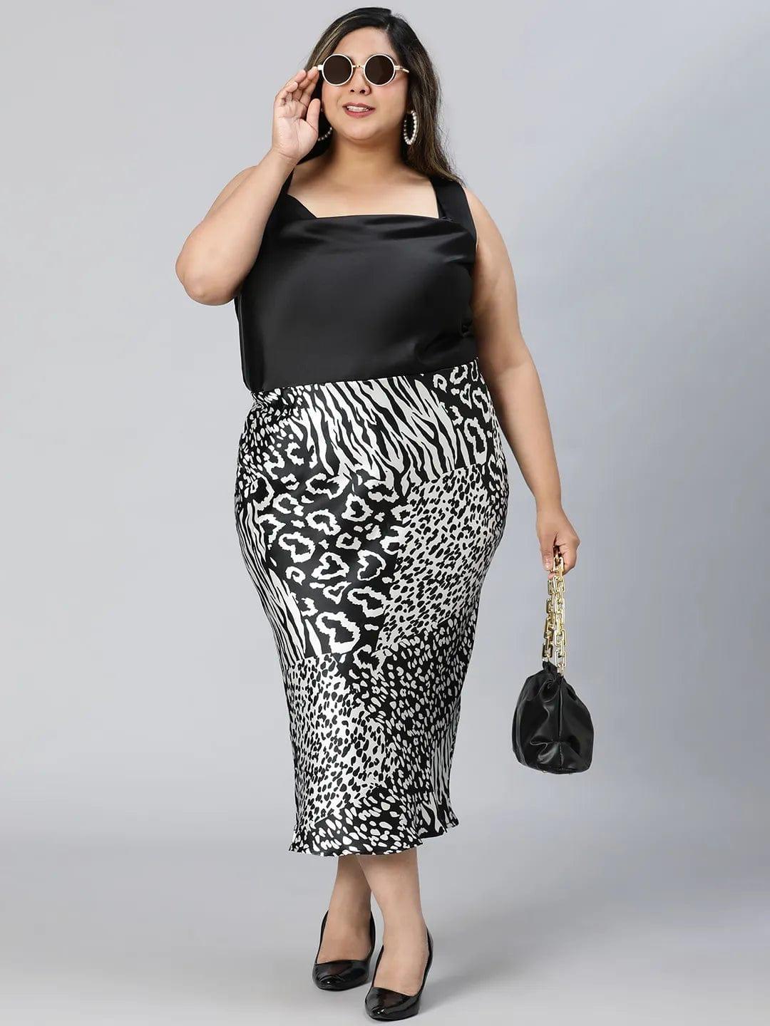 Starlit Black Animal Print Elasticated Plus Size Long Satin Skirt