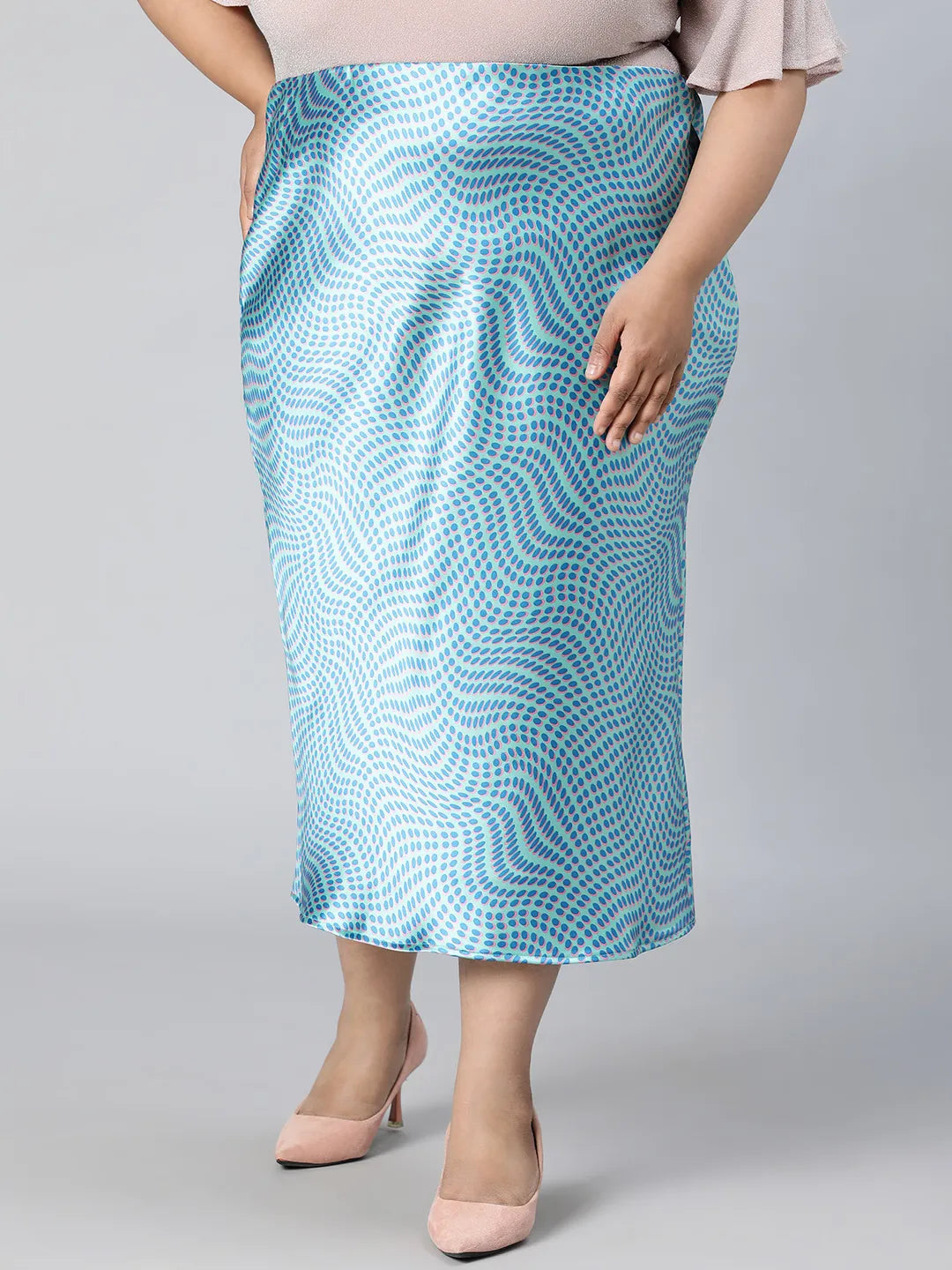 Crisp Blue Printed Elasticated Plus Size Long Satin Skirt