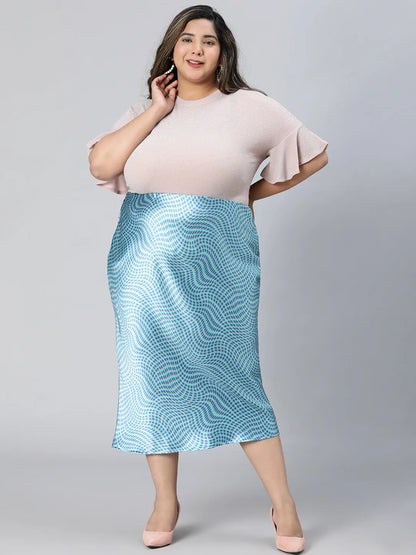 Crisp Blue Printed Elasticated Plus Size Long Satin Skirt