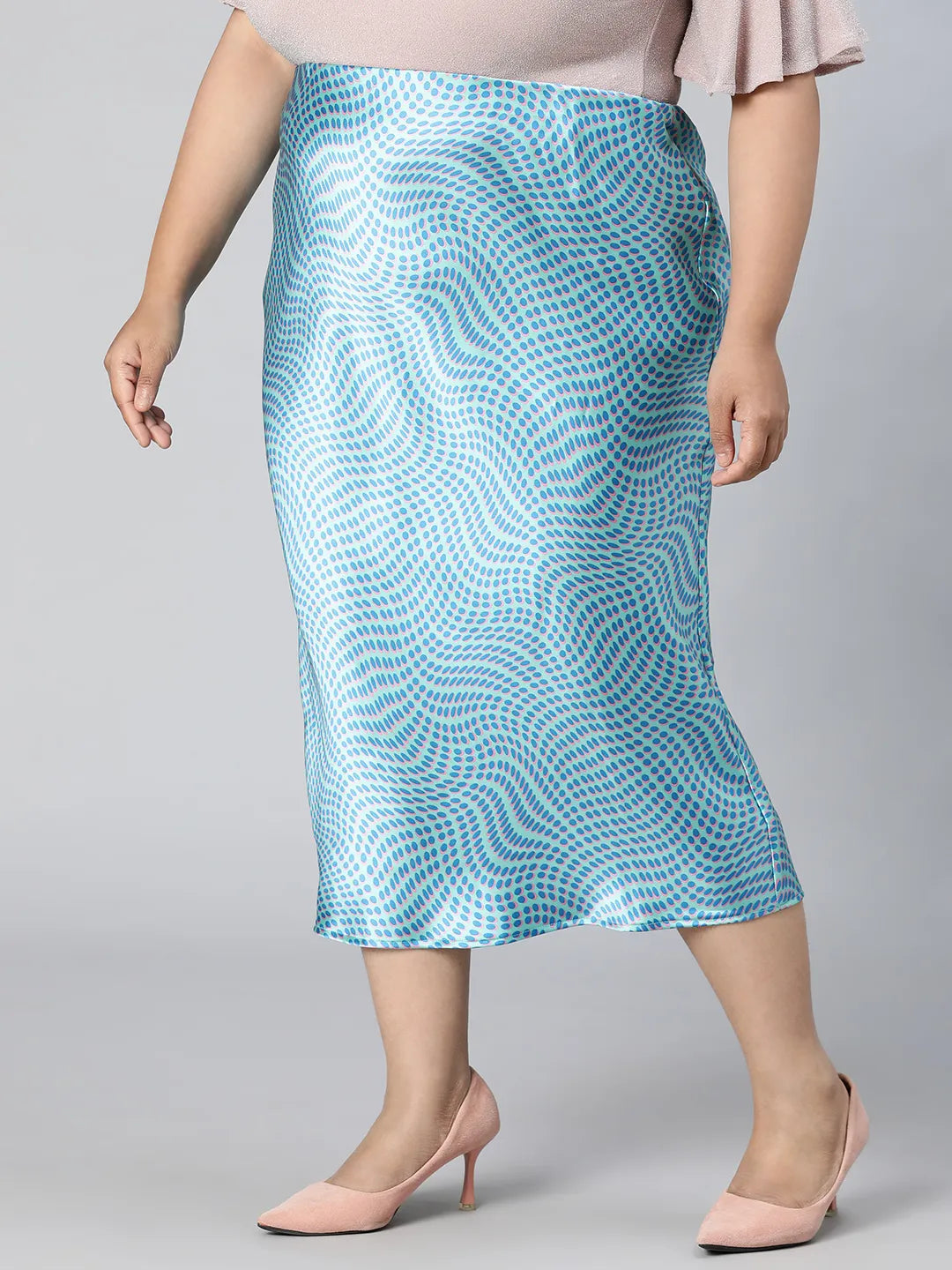 Crisp Blue Printed Elasticated Plus Size Long Satin Skirt