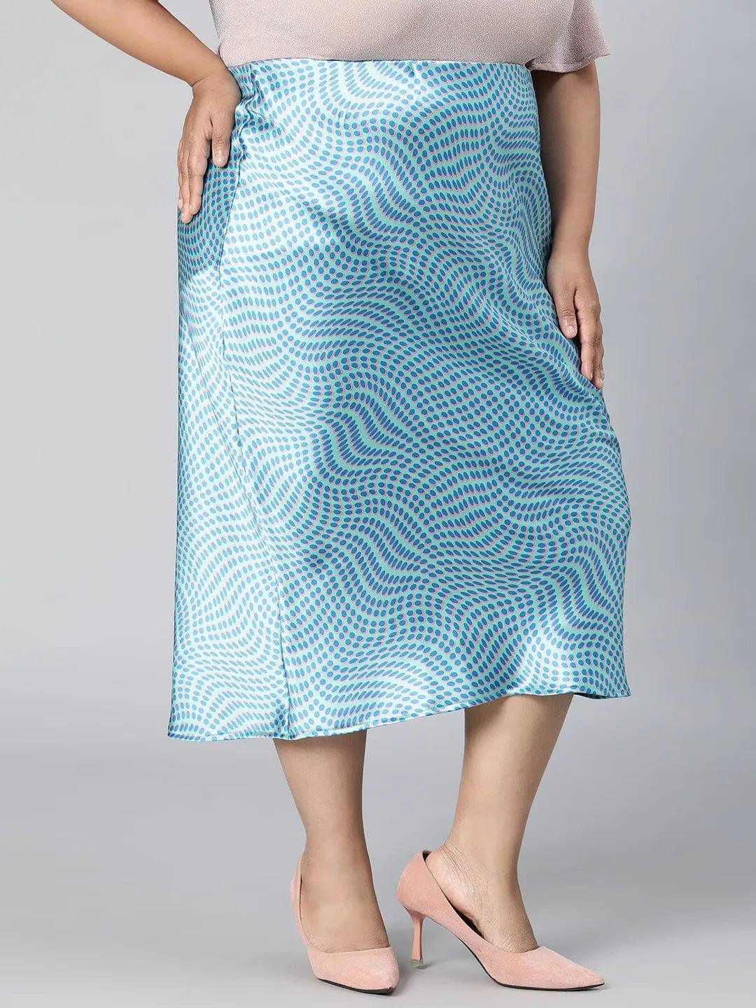 Crisp Blue Printed Elasticated Plus Size Long Satin Skirt