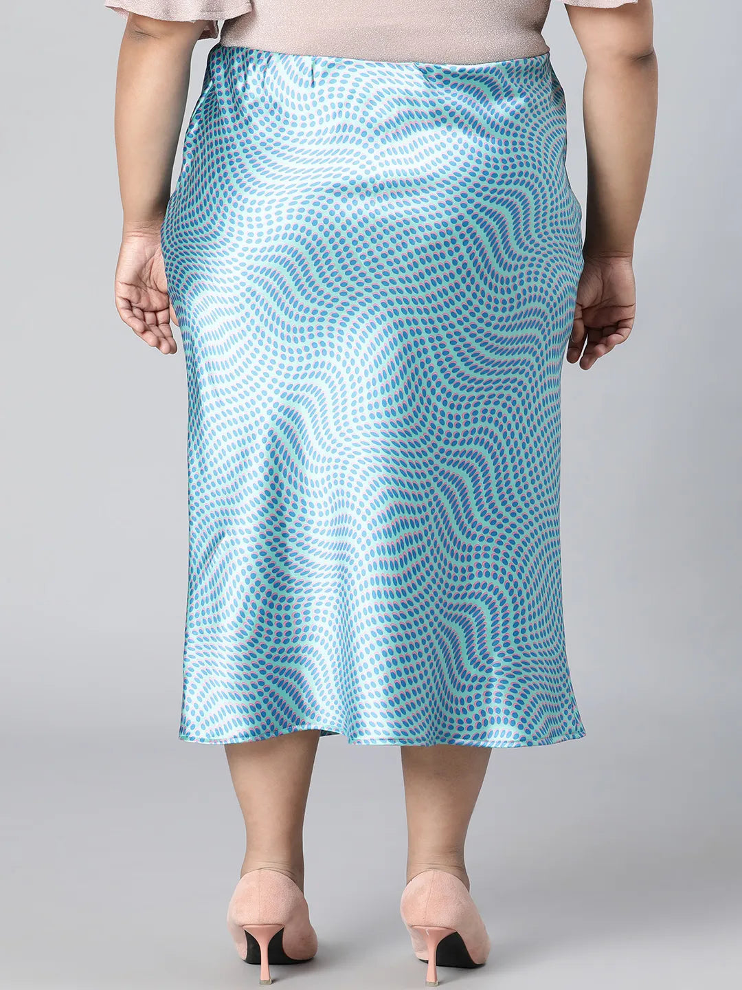 Crisp Blue Printed Elasticated Plus Size Long Satin Skirt