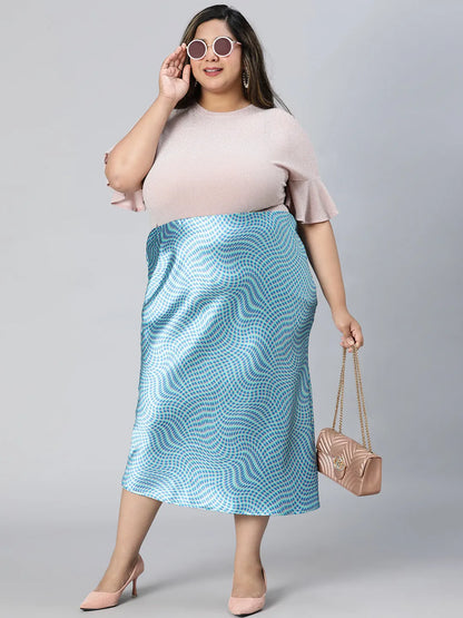 Crisp Blue Printed Elasticated Plus Size Long Satin Skirt