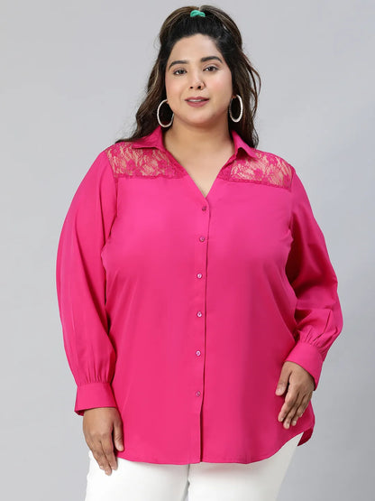 Plum Pink Lace Detail Long Sleeve Plus Size Shirt