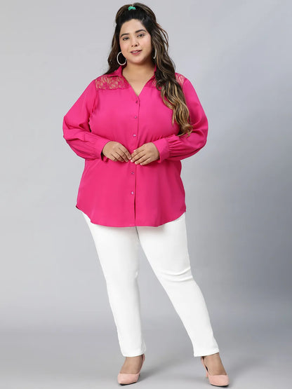 Plum Pink Lace Detail Long Sleeve Plus Size Shirt