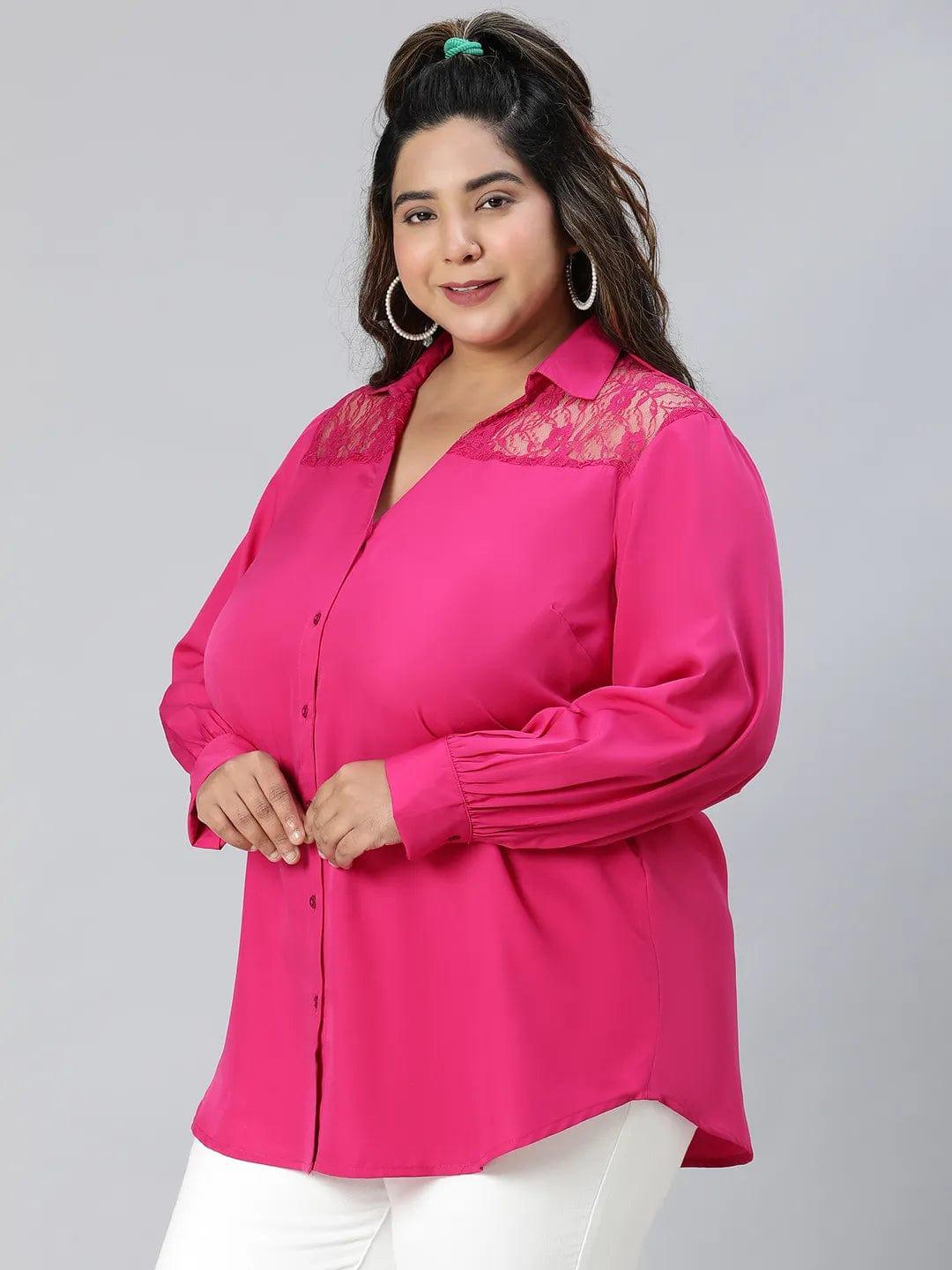 Plum Pink Lace Detail Long Sleeve Plus Size Shirt