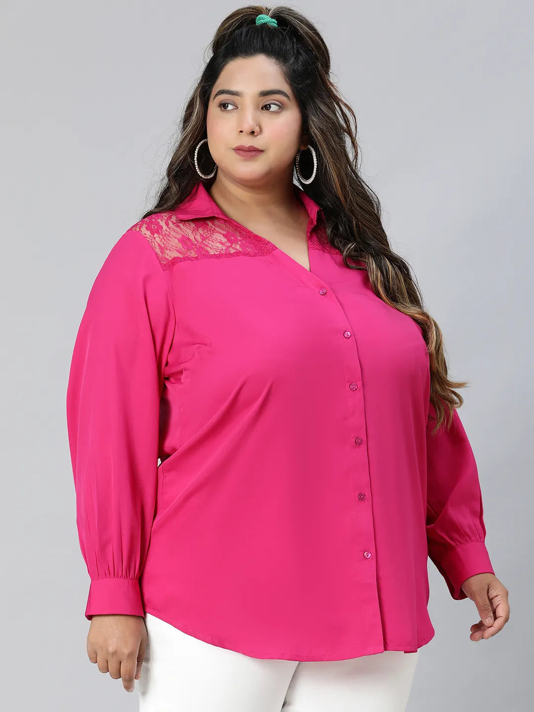 Plum Pink Lace Detail Long Sleeve Plus Size Shirt