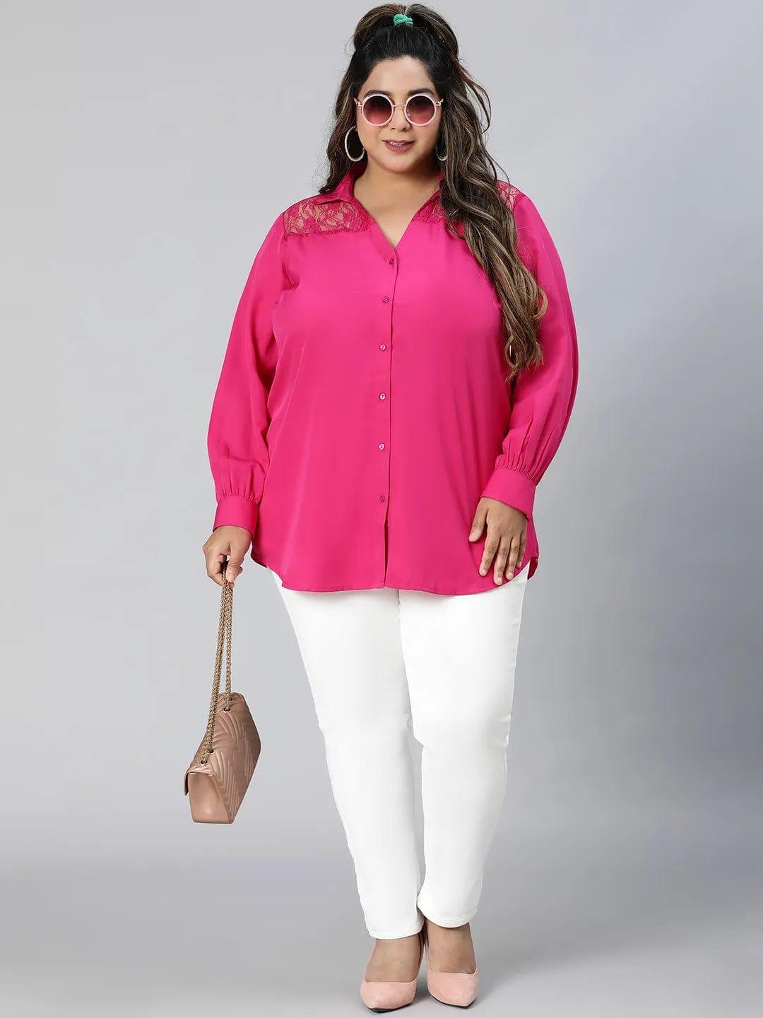 Plum Pink Lace Detail Long Sleeve Plus Size Shirt