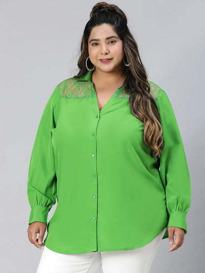 Embraced Green Lace Detail Long Sleeve Plus Size Shirt