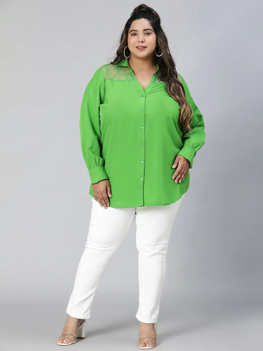 Embraced Green Lace Detail Long Sleeve Plus Size Shirt