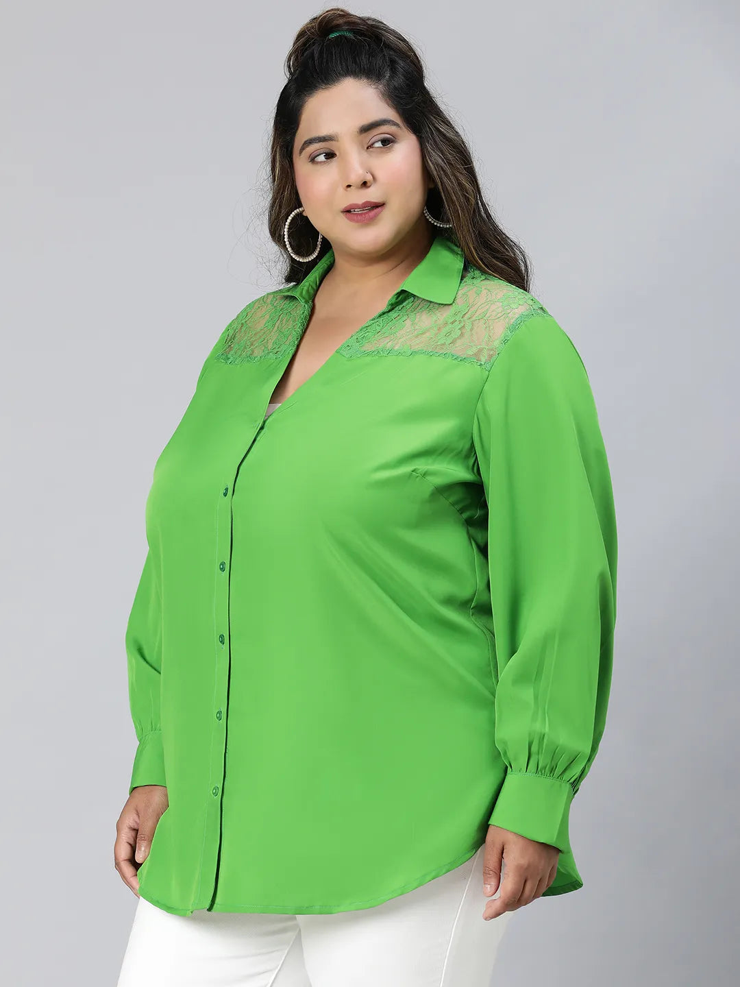 Embraced Green Lace Detail Long Sleeve Plus Size Shirt