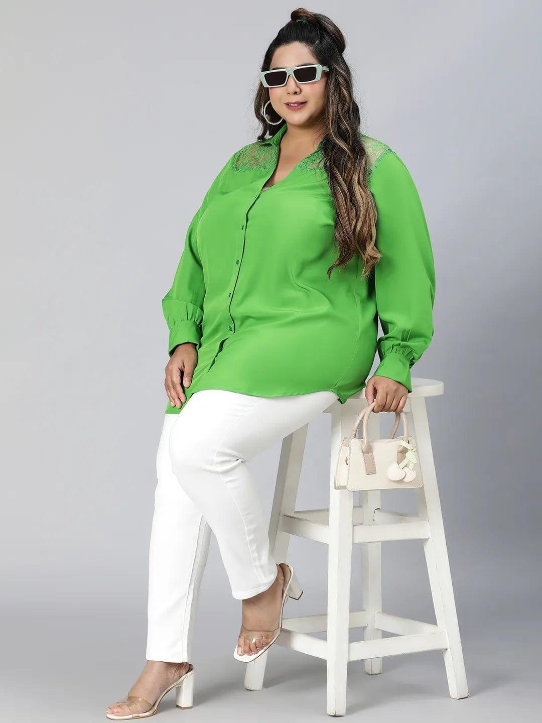 Embraced Green Lace Detail Long Sleeve Plus Size Shirt