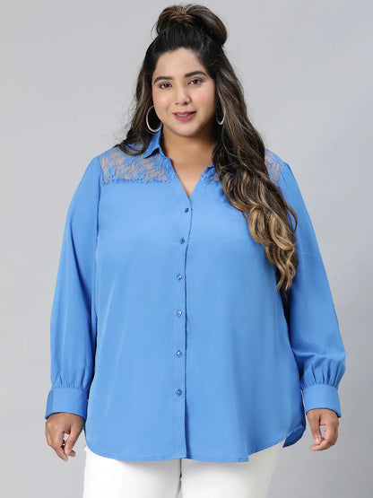 Elevated Blue Lace Detail Long Sleeve Plus Size Shirt