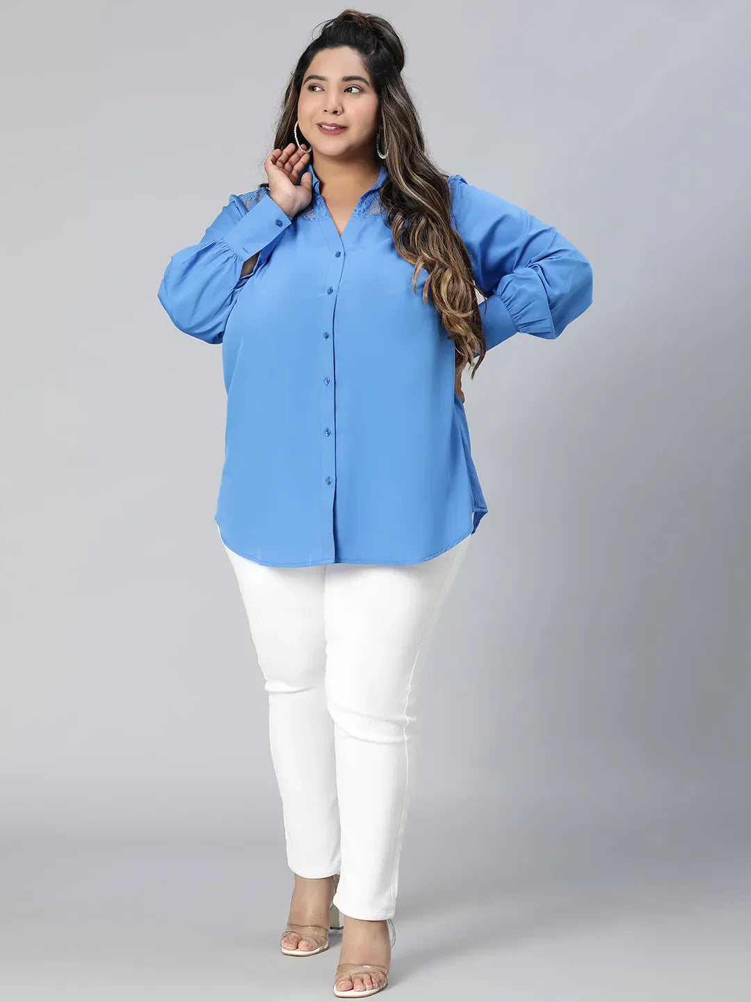 Elevated Blue Lace Detail Long Sleeve Plus Size Shirt