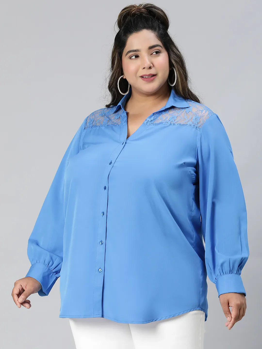 Elevated Blue Lace Detail Long Sleeve Plus Size Shirt