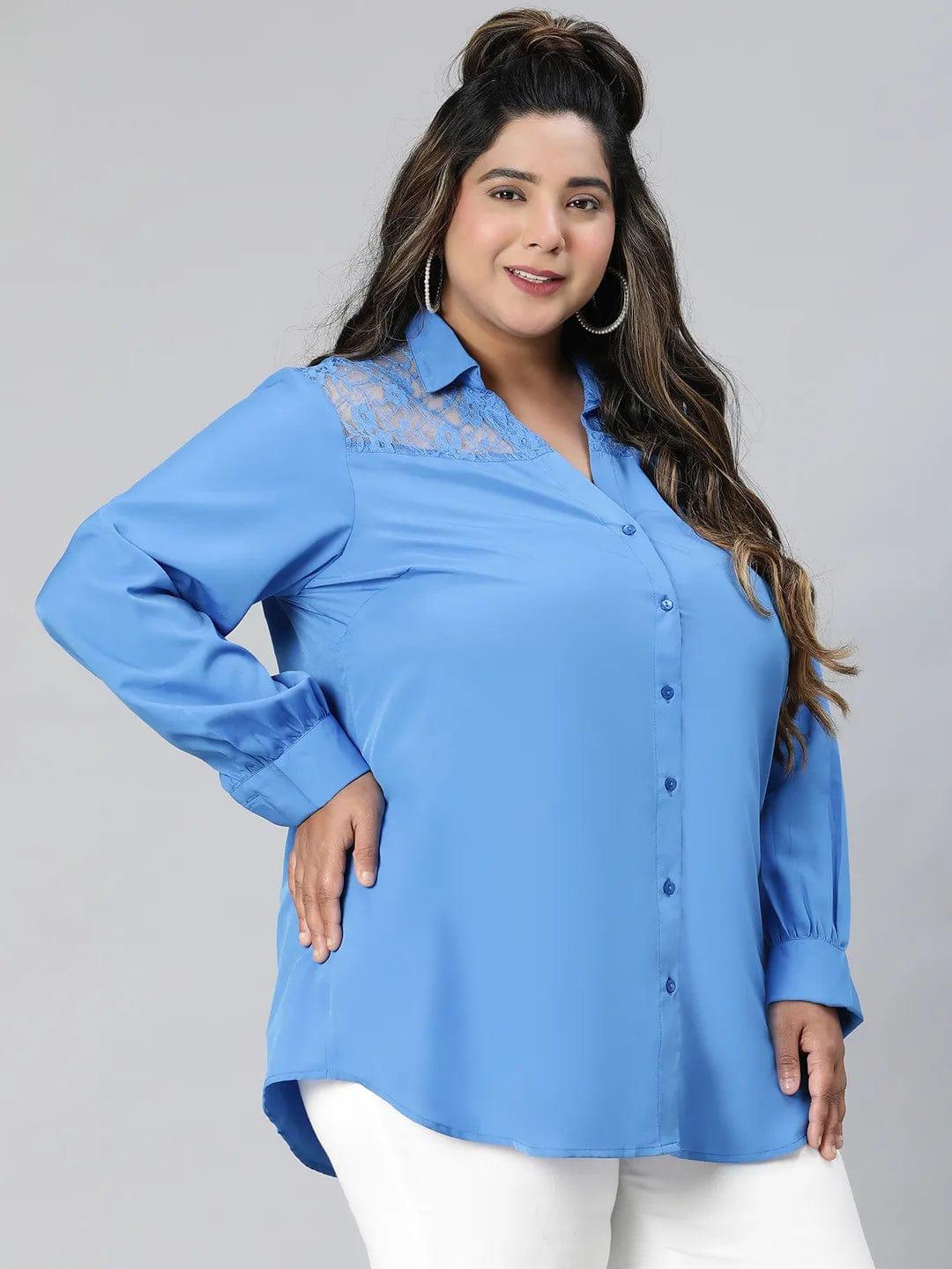 Elevated Blue Lace Detail Long Sleeve Plus Size Shirt