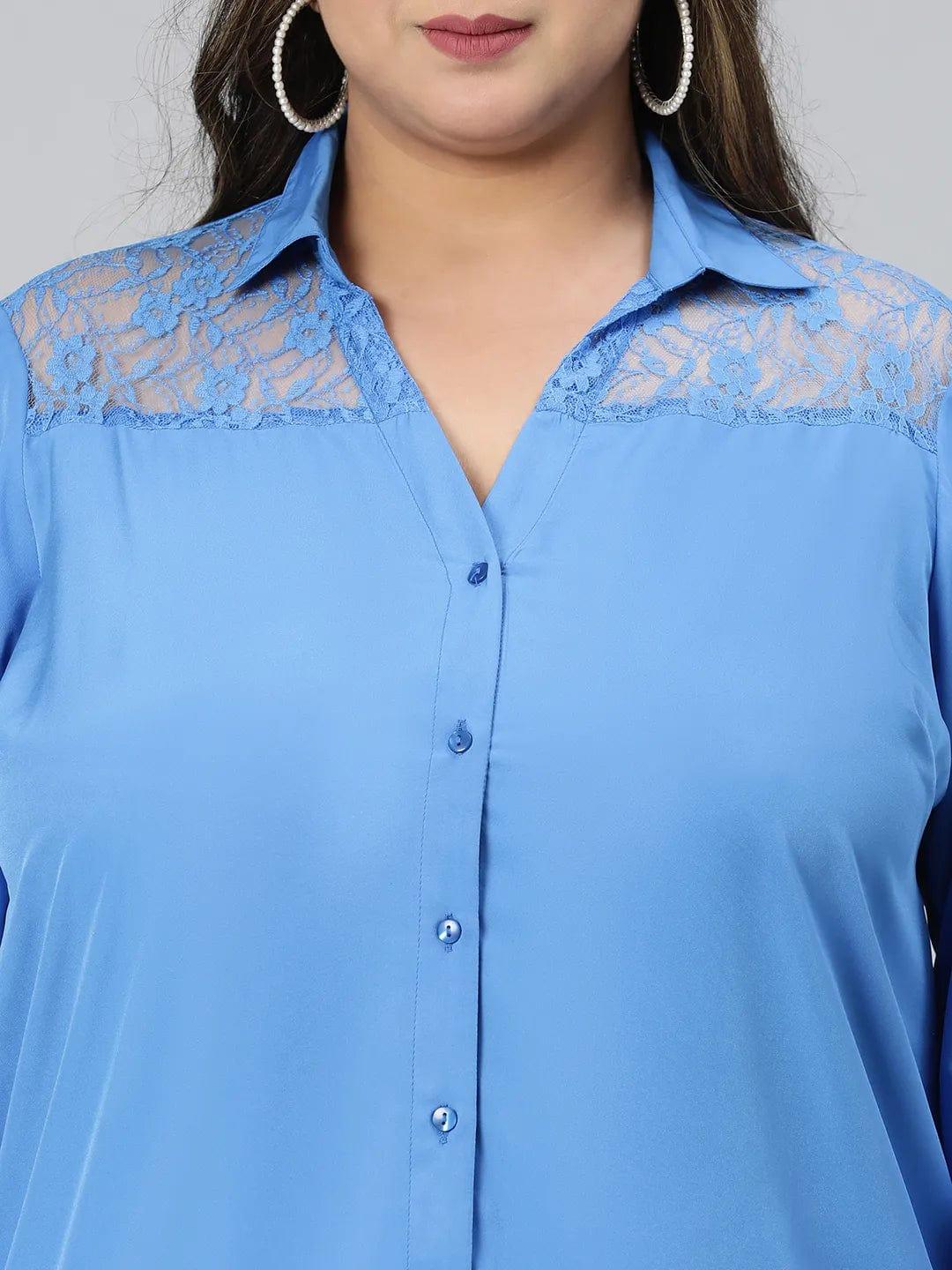 Elevated Blue Lace Detail Long Sleeve Plus Size Shirt