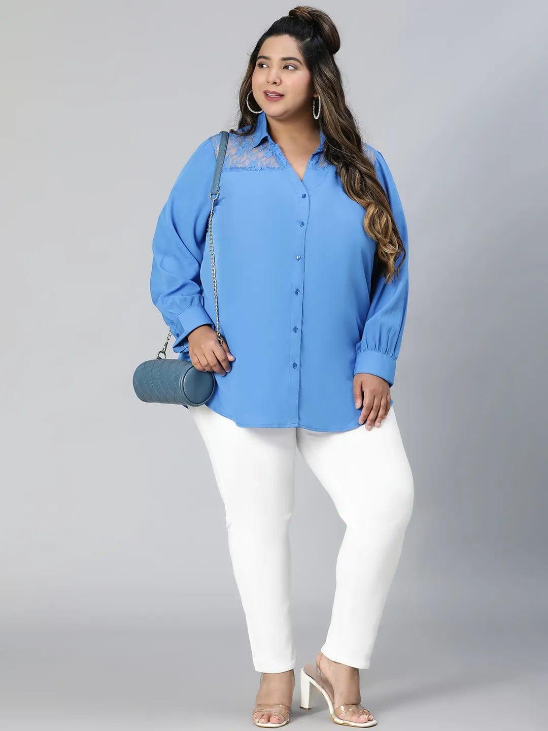 Elevated Blue Lace Detail Long Sleeve Plus Size Shirt