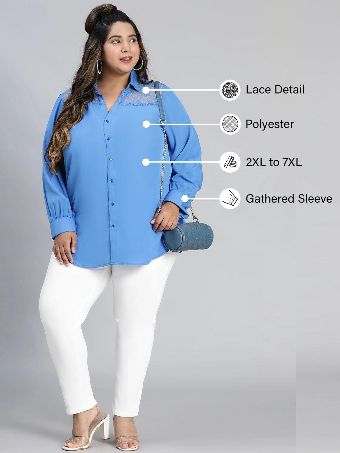 Elevated Blue Lace Detail Long Sleeve Plus Size Shirt