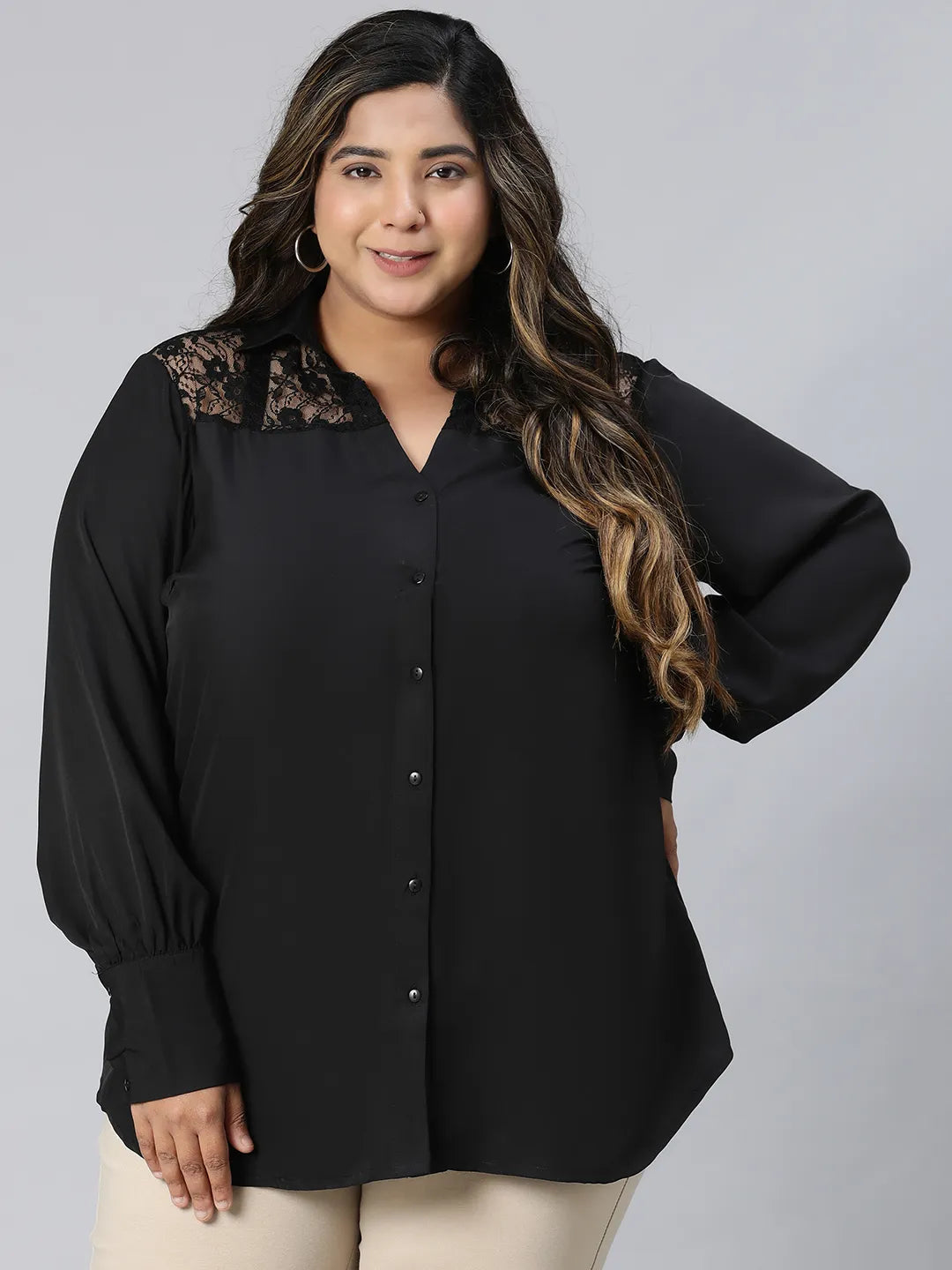 Black Lace Detailed Collared Long Sleeve Plus Size Shirt