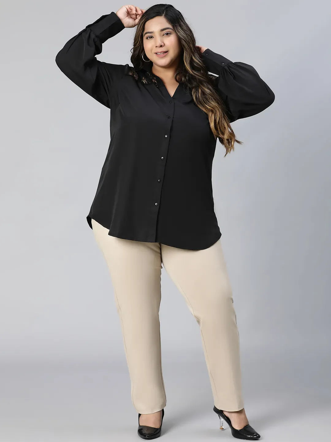 Black Lace Detailed Collared Long Sleeve Plus Size Shirt