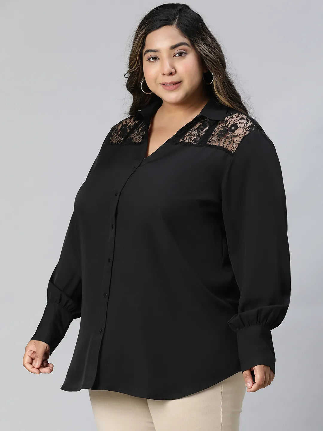 Black Lace Detailed Collared Long Sleeve Plus Size Shirt