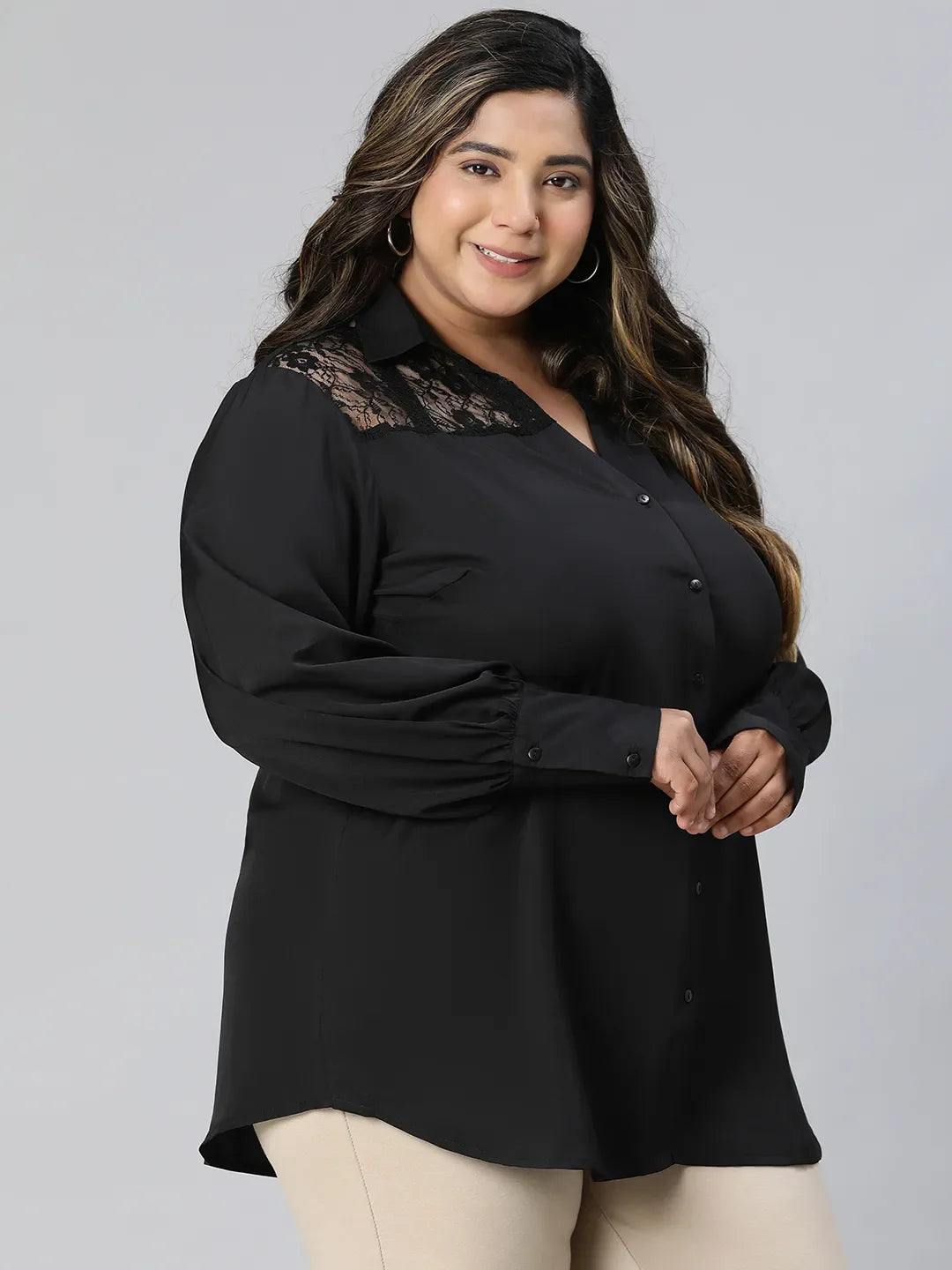 Black Lace Detailed Collared Long Sleeve Plus Size Shirt