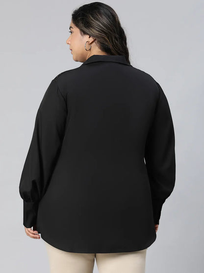 Black Lace Detailed Collared Long Sleeve Plus Size Shirt