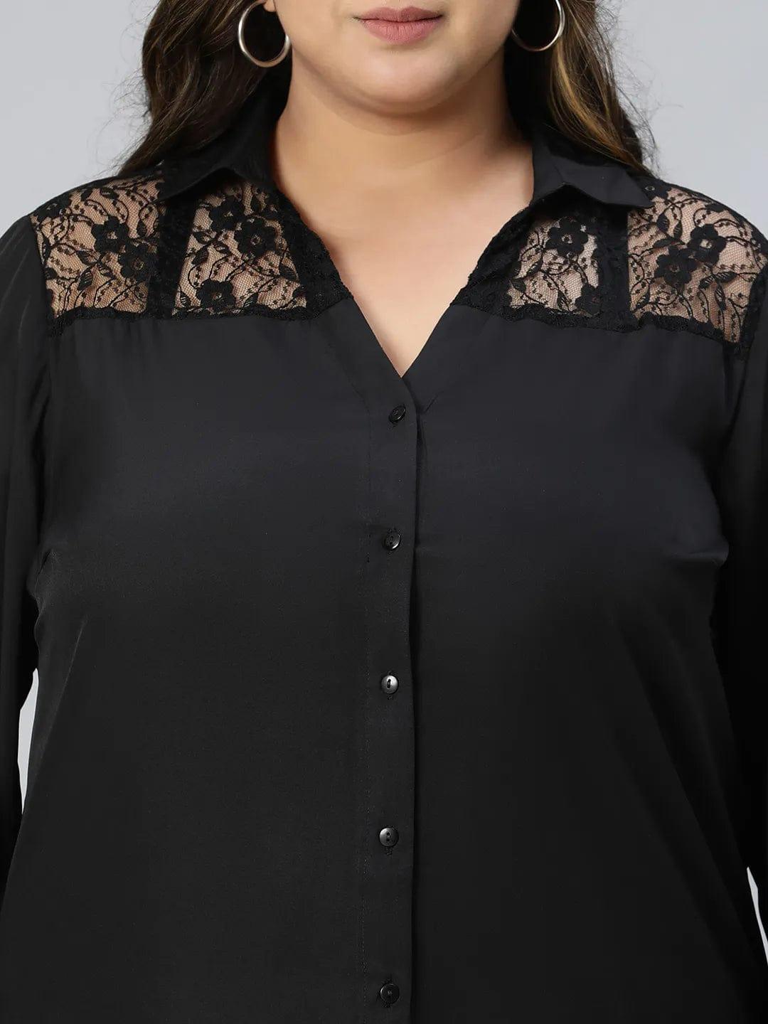 Black Lace Detailed Collared Long Sleeve Plus Size Shirt