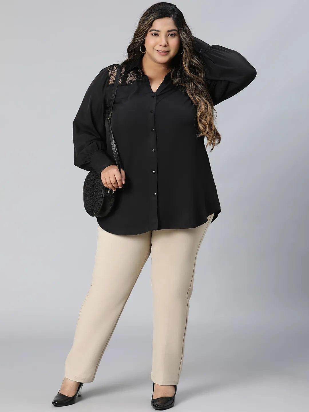 Black Lace Detailed Collared Long Sleeve Plus Size Shirt