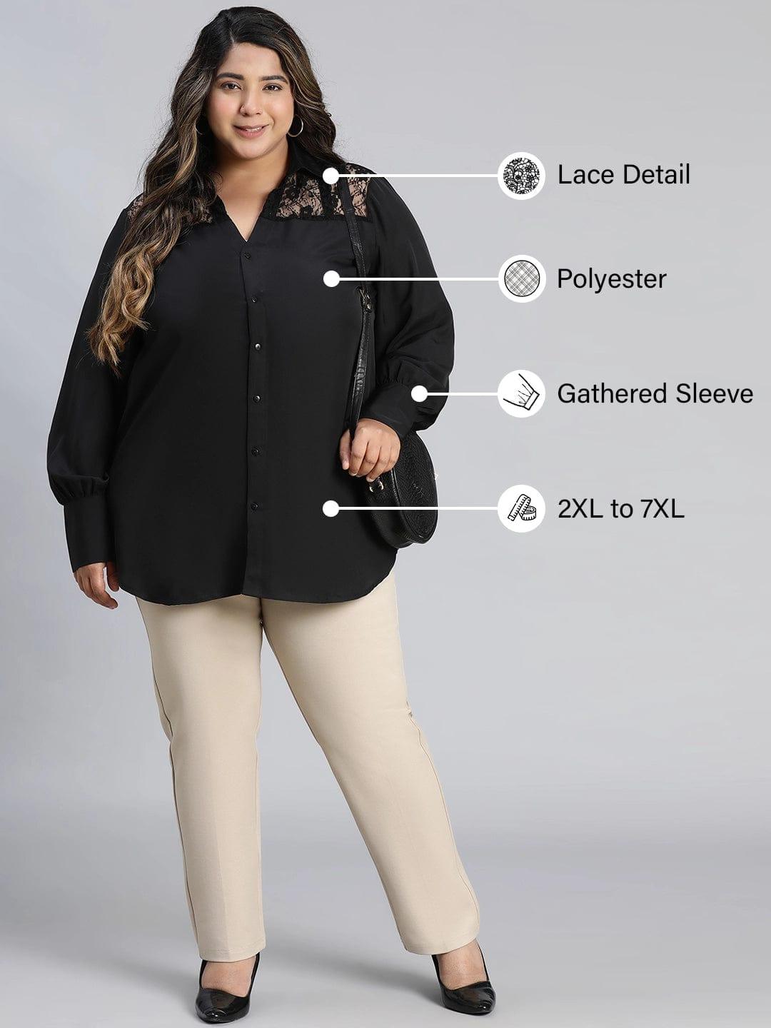 Black Lace Detailed Collared Long Sleeve Plus Size Shirt