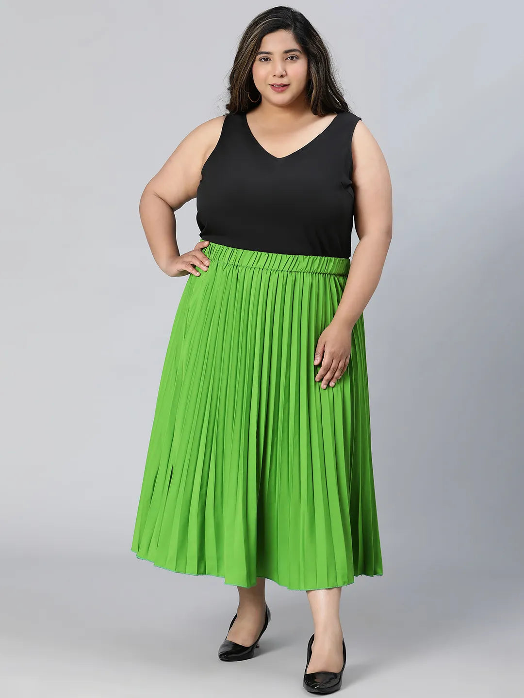 Starry Green Elasticated Pleated Plus Size Skirt