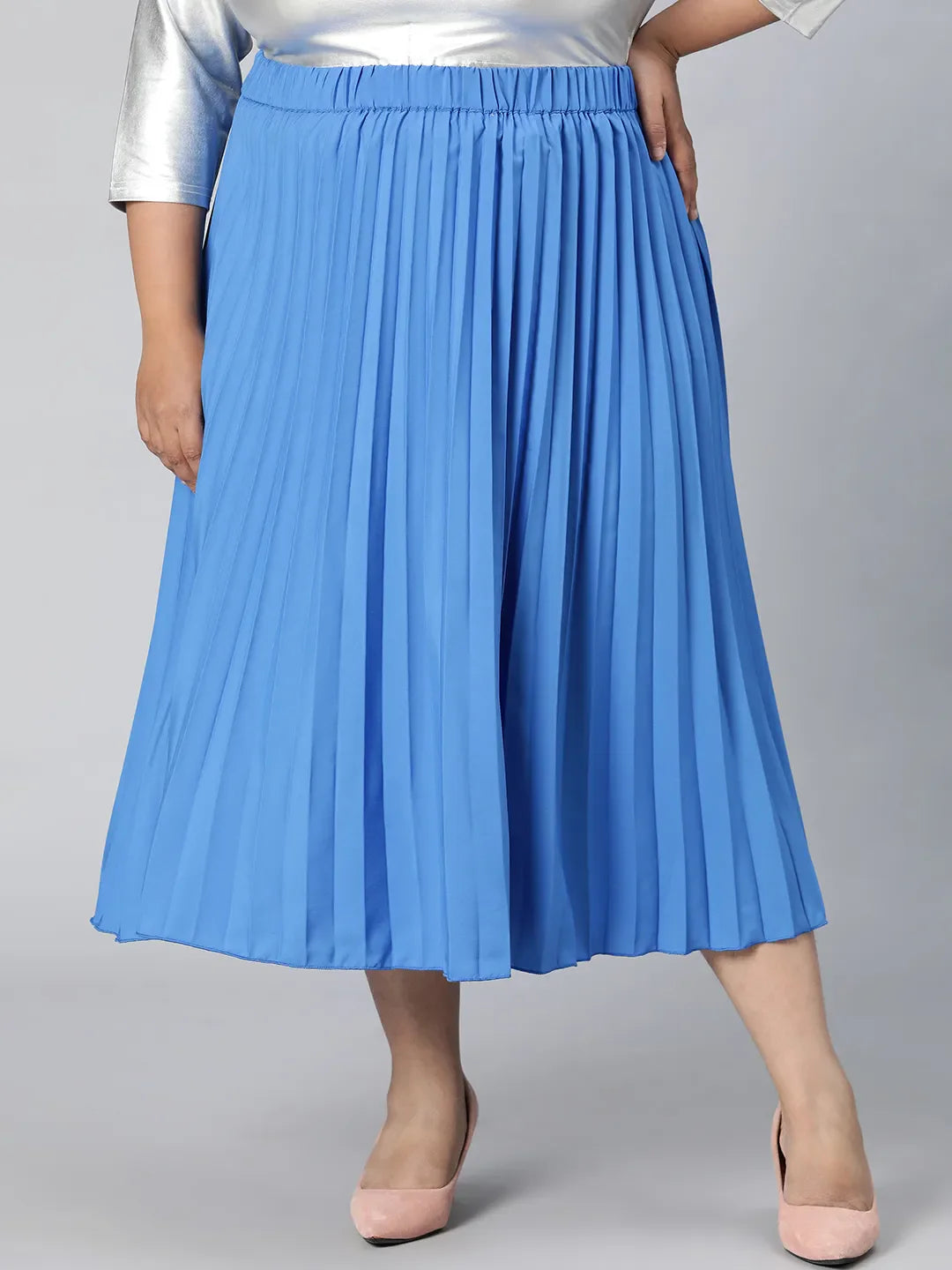 Light Up Blue Elasticated Pleated Plus Size Skirt