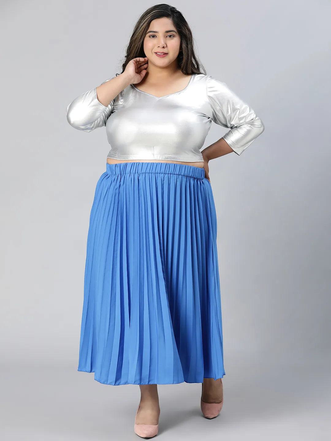 Light Up Blue Elasticated Pleated Plus Size Skirt