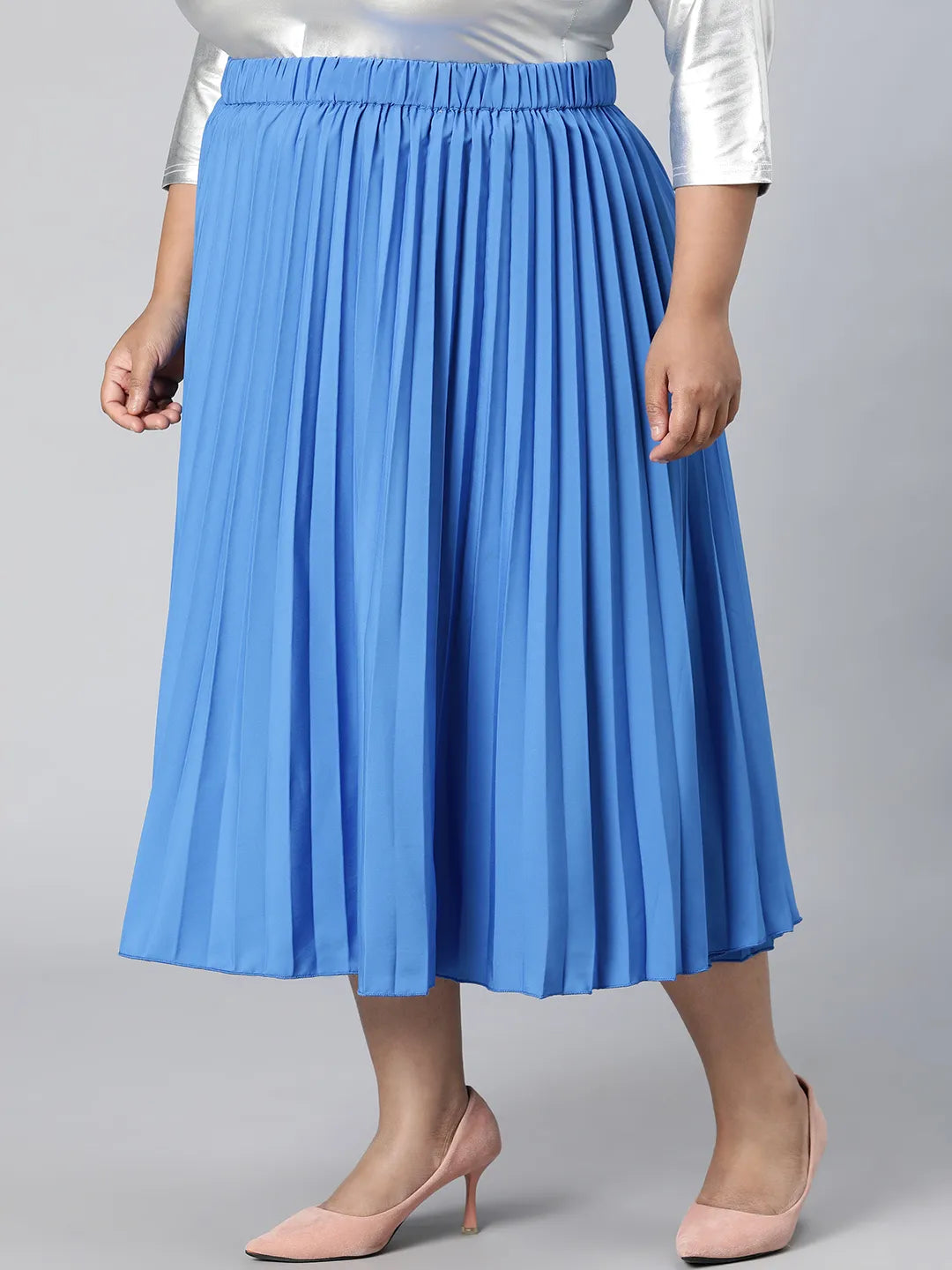 Light Up Blue Elasticated Pleated Plus Size Skirt