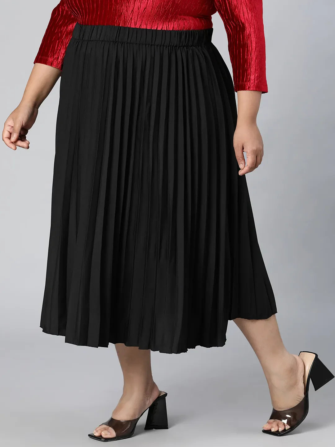 Romantic Black Elasticated Pleated Plus Size Skirt