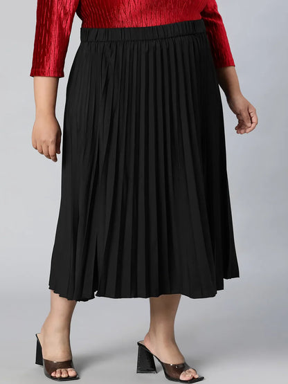 Romantic Black Elasticated Pleated Plus Size Skirt