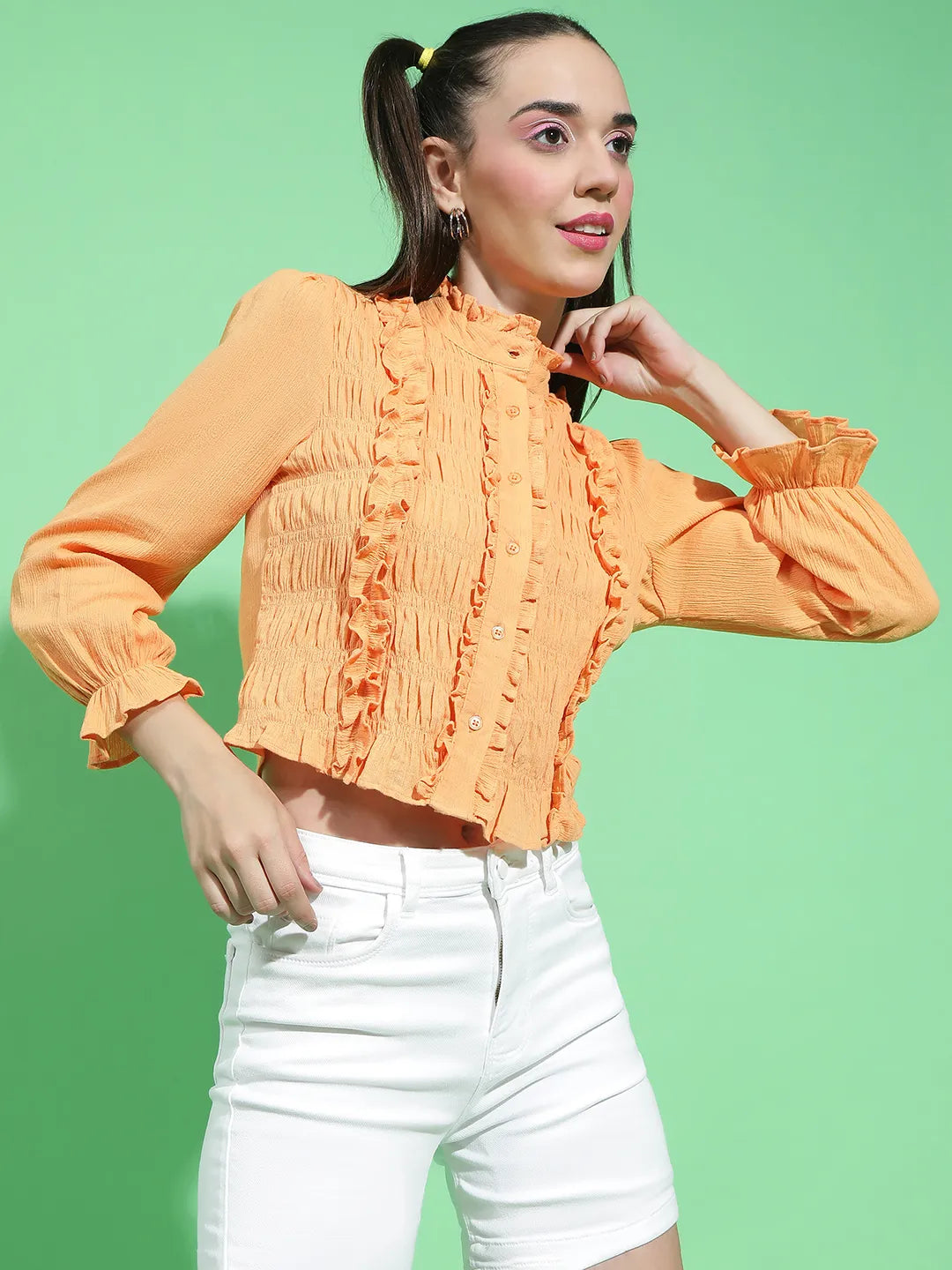 Striking Orange Round Neck Ruffle Detailed Cotton Shirt