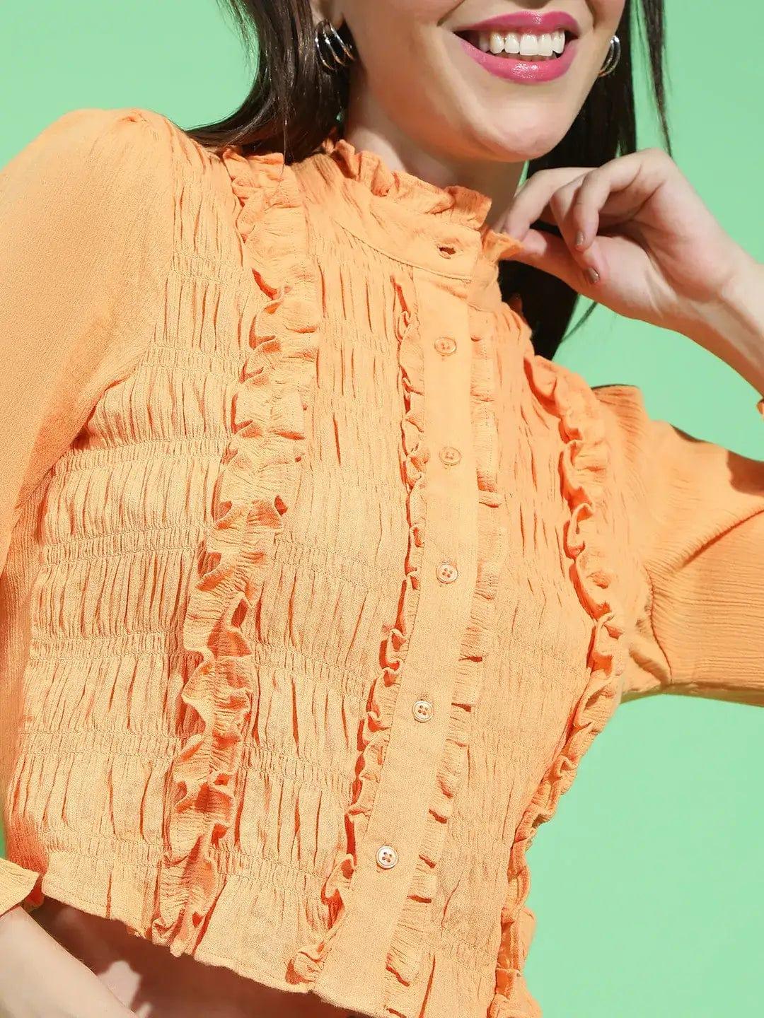 Striking Orange Round Neck Ruffle Detailed Cotton Shirt