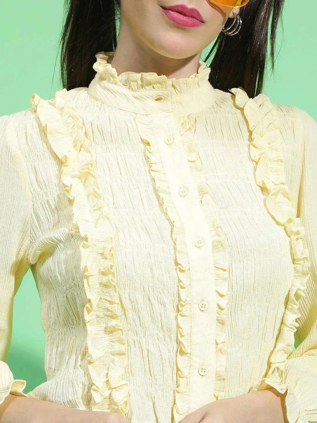 Angelic Yellow Round Neck Ruffle Detailed Cotton Shirt