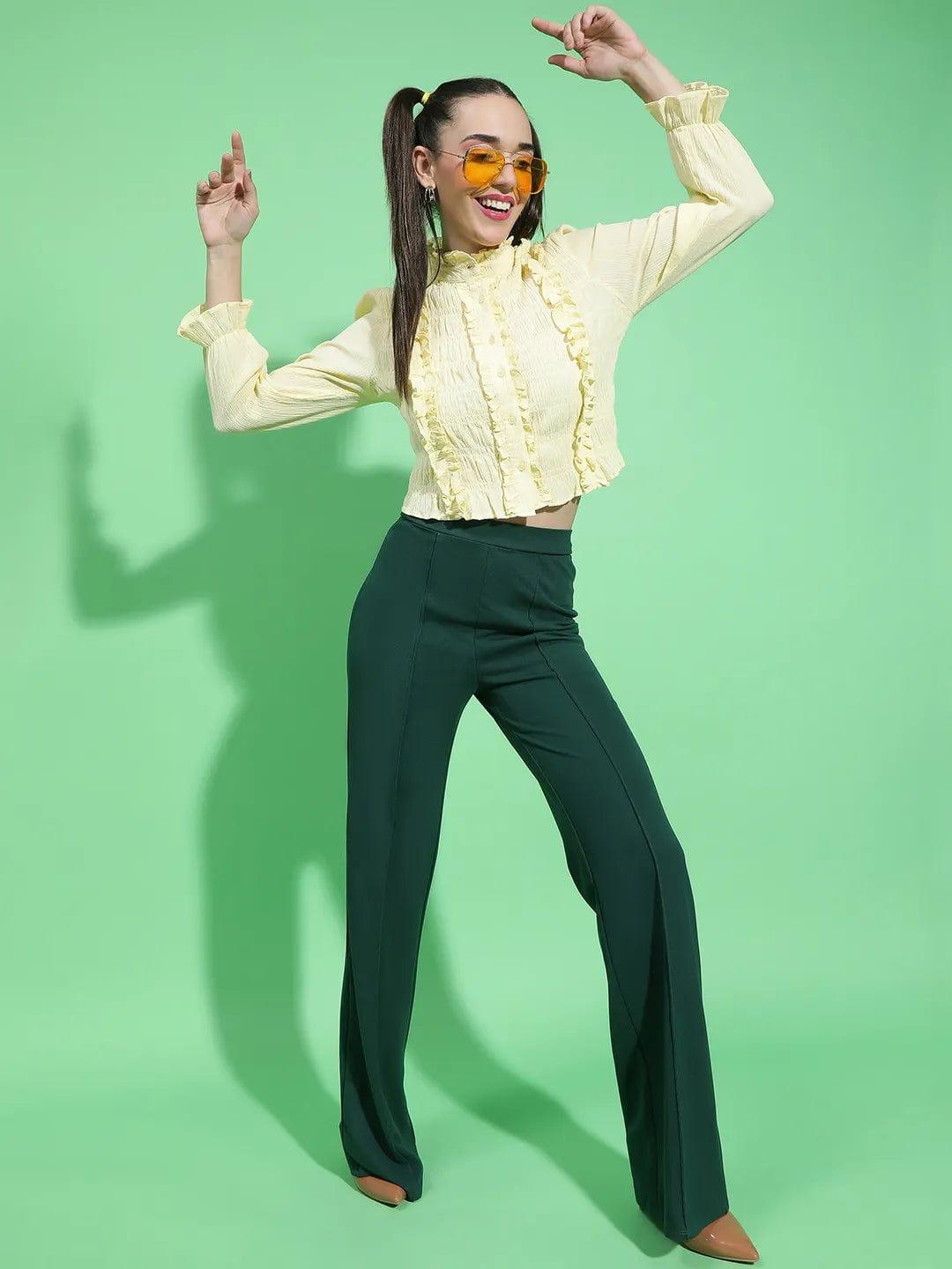 Angelic Yellow Round Neck Ruffle Detailed Cotton Shirt