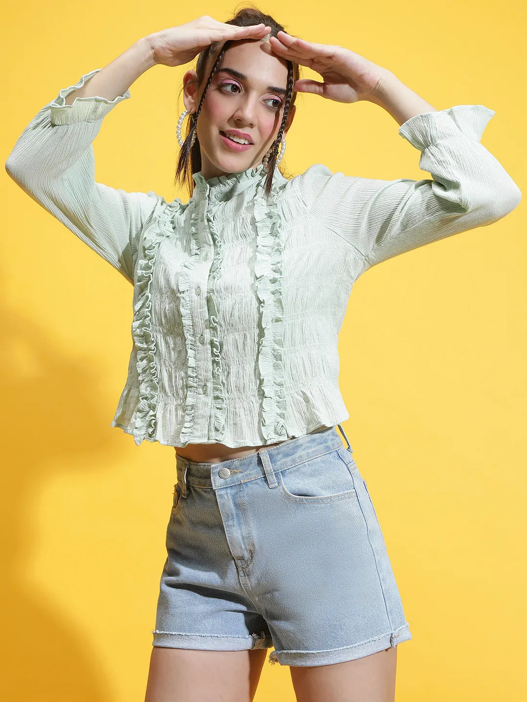 Light Green Round Neck Ruffle Detailed Cotton Shirt