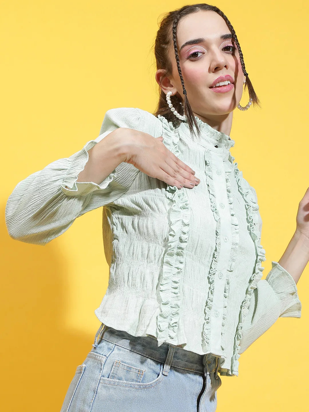 Light Green Round Neck Ruffle Detailed Cotton Shirt