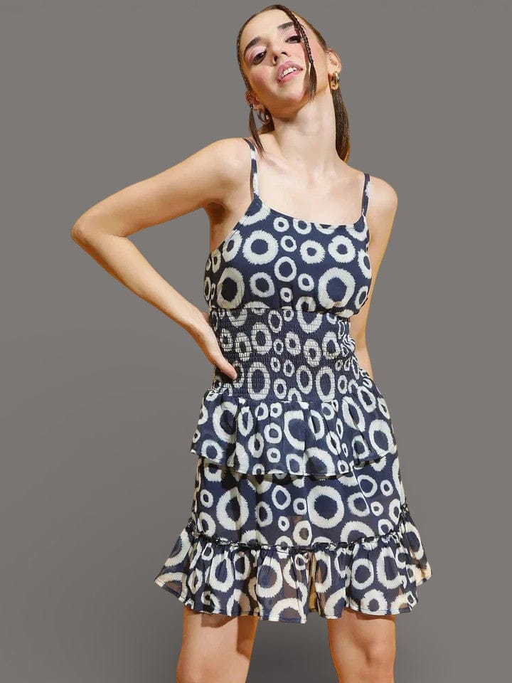 Navy Smocked Dress - Printed Strappy Design With Adjustable Shoulder Straps