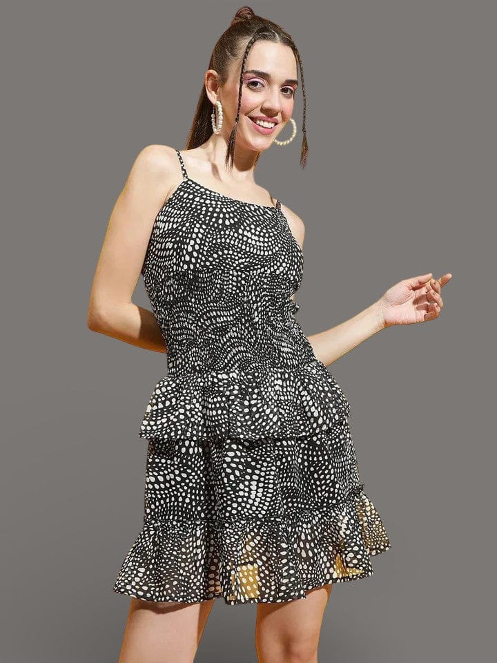 Black Smocked Dress - Printed Strappy Women's Casual Polyester Lined Outfit
