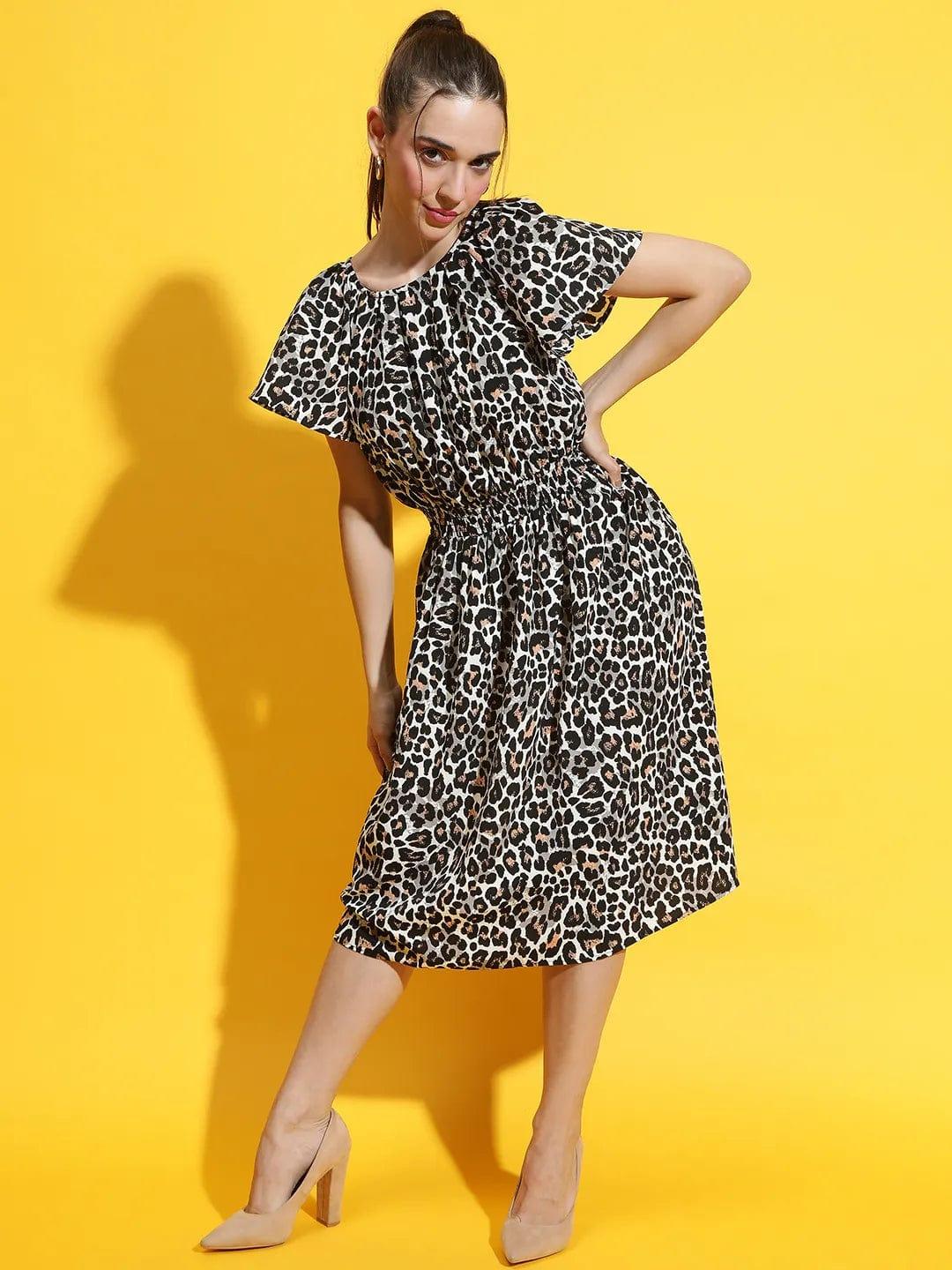 Multicolor Animal Print Short Sleeve Smocked Women Dress