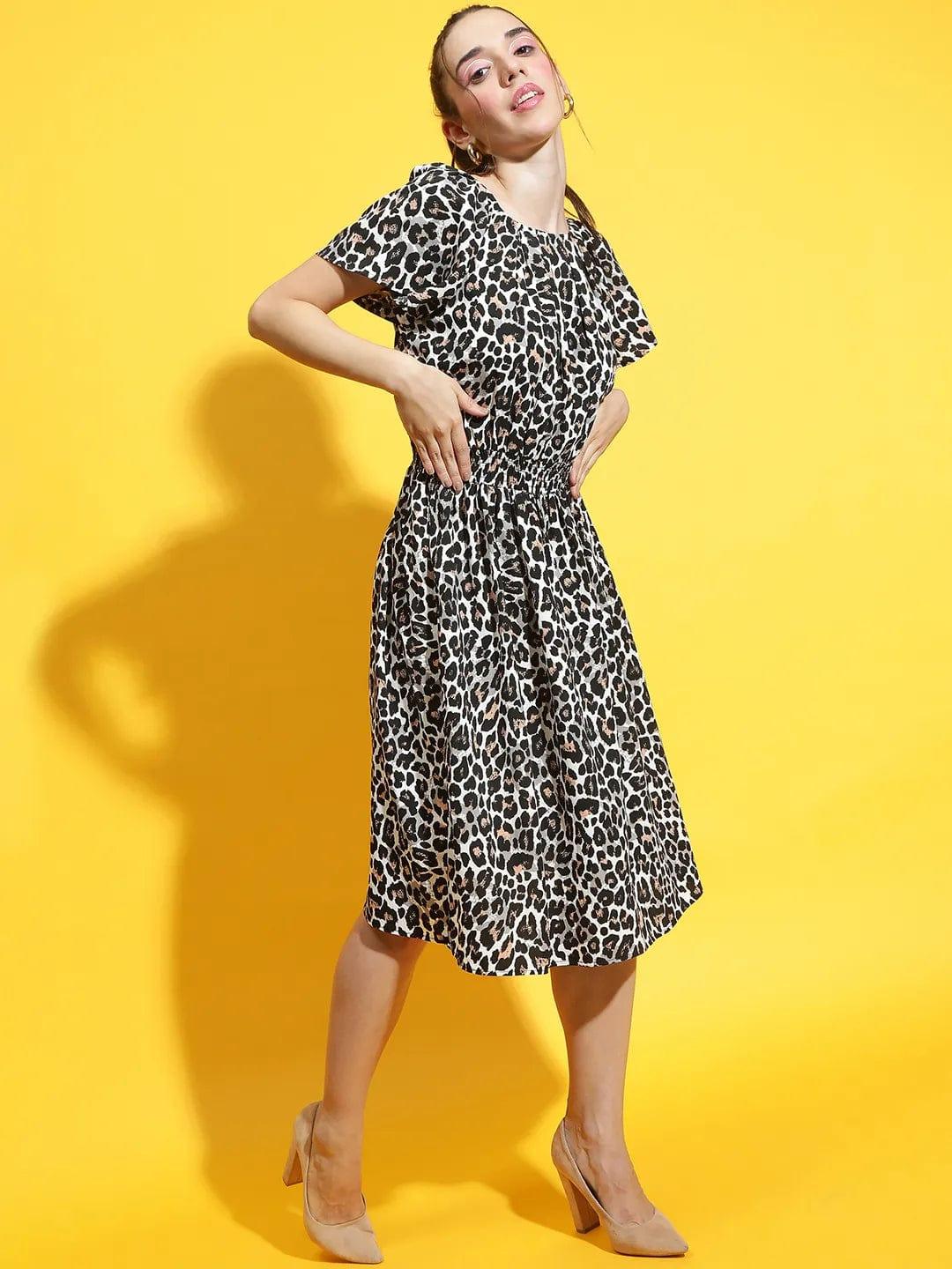 Multicolor Animal Print Short Sleeve Smocked Women Dress