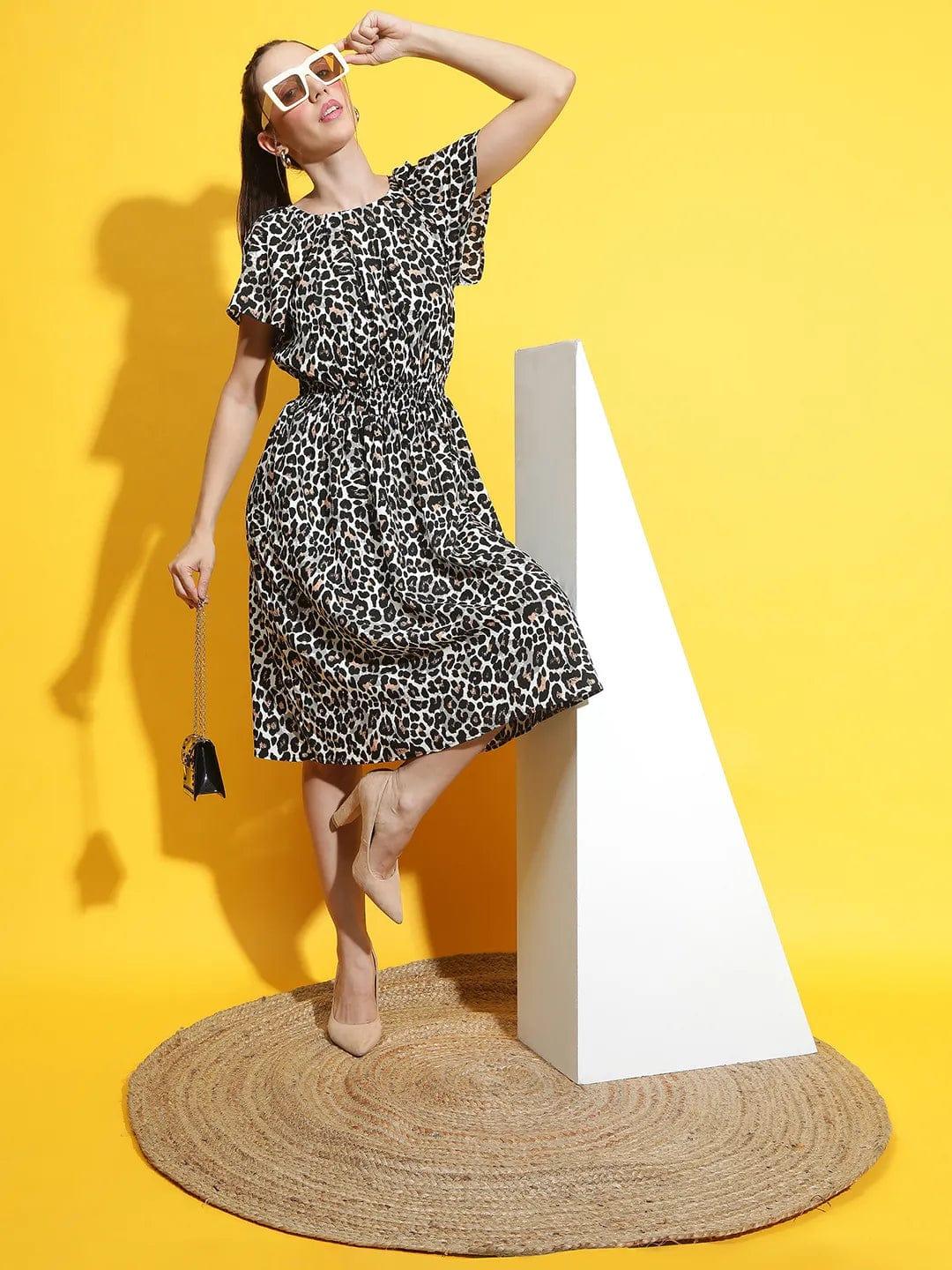 Multicolor Animal Print Short Sleeve Smocked Women Dress