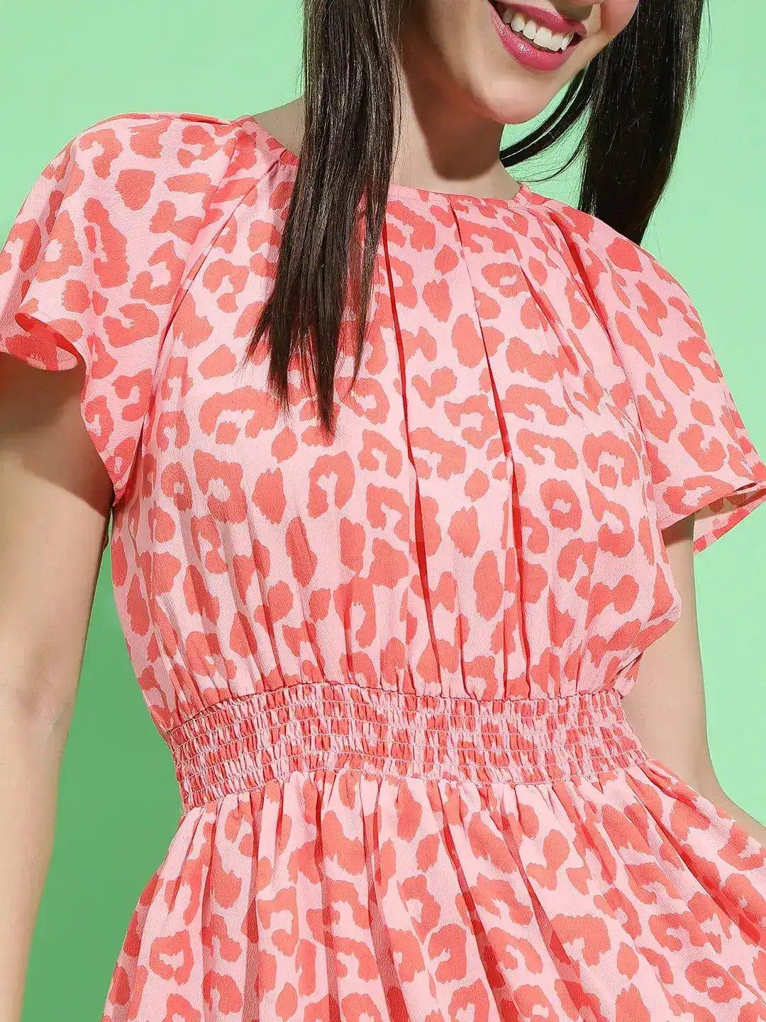 Pink Animal Print Short Sleeve Smocked Blouson Women Dress