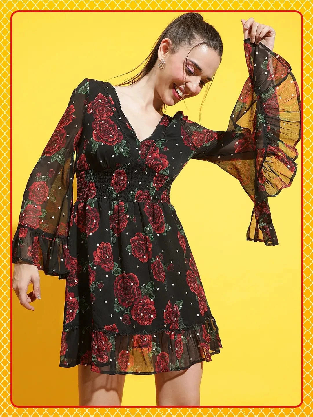 Riveting Rose Print Black Smocked Lace Detailed Women Dress